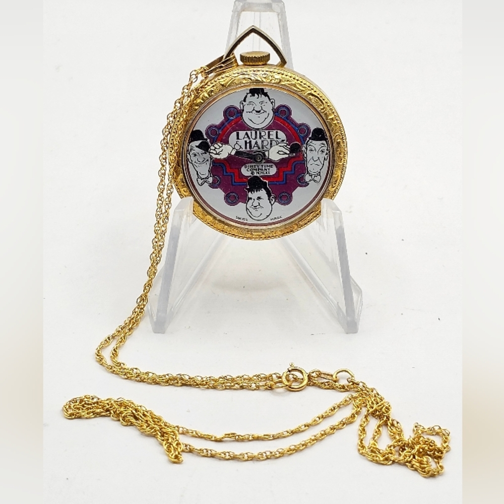 1970s Dirty Time Company Laurel & Hardy Pendant Pocket Watch Non Running